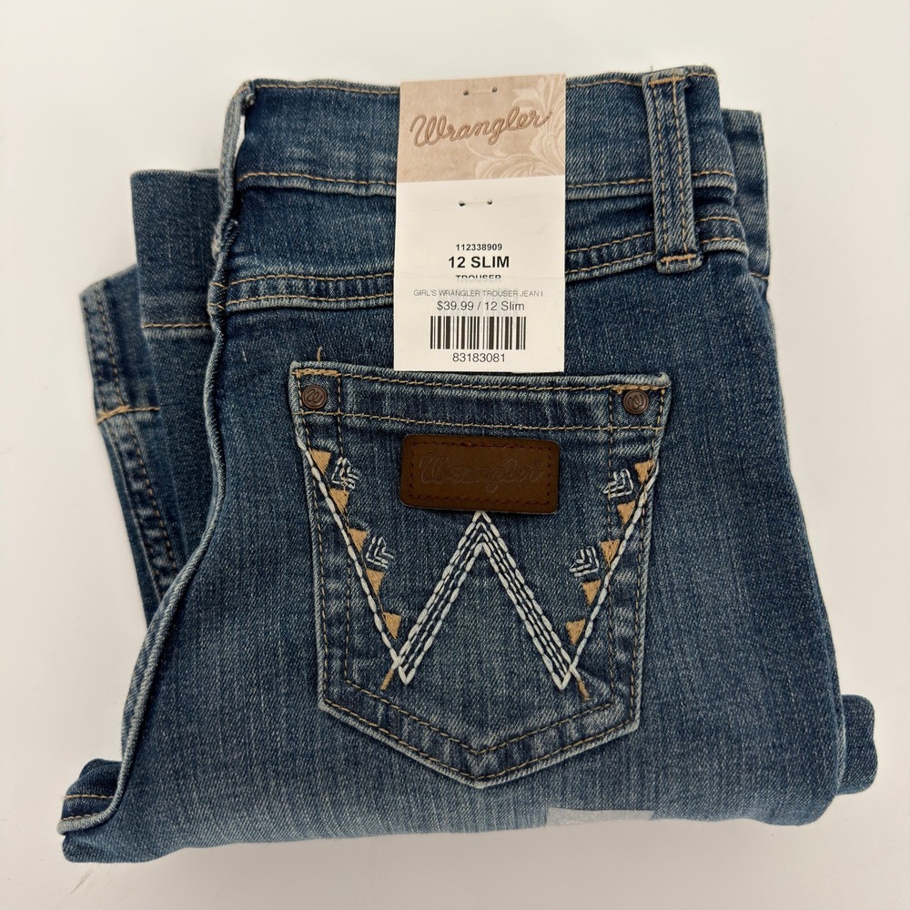 Wrangler Girls 12 Slim Trouser Jeans Blue Medium Wash Embroidered 112338909